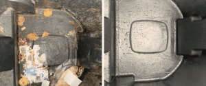 Before and after comparison of a dirty trash bin cleaned to spotless condition
