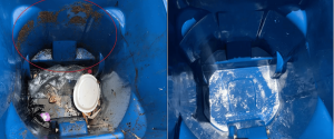 Before and after of a blue trash bin cleaned by Bayou Bins