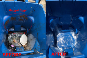 Before and after photo of a blue trash bin with maggot eggs and garbage, professionally cleaned and sanitized