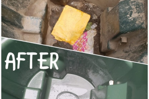 Green trash can showing a dirty interior before and a spotless, freshly cleaned result after professional bin cleaning