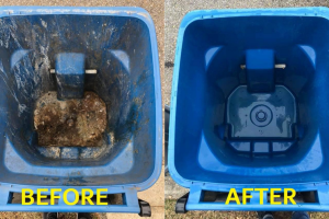Heavily soiled blue garbage bin compared to the same bin after a full pressure wash and sanitation service
