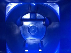 Clean interior of a blue trash can after professional eco-friendly trash bin cleaning in Breaux Bridge, LA.