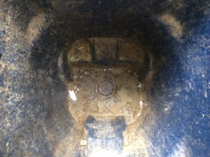 Dirty blue trash can interior before professional trash bin cleaning service in Breaux Bridge, LA.