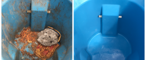Trash bin interior before and after professional cleaning and sanitizing