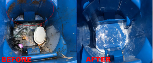 Before and after comparison of a trash bin cleaned with professional bin cleaning service