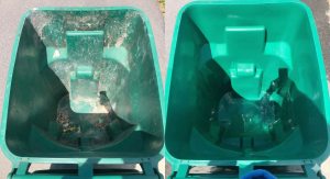 Before and after comparison of a dirty green garbage bin on the left and a sparkling clean one on the right, both viewed from the top.