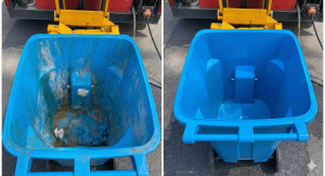 A side-by-side comparison of the same blue bin, showing it dirty on the left and sparkling clean on the right.