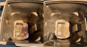 A split image showing a brown grill interior before and after cleaning, revealing a significant difference.