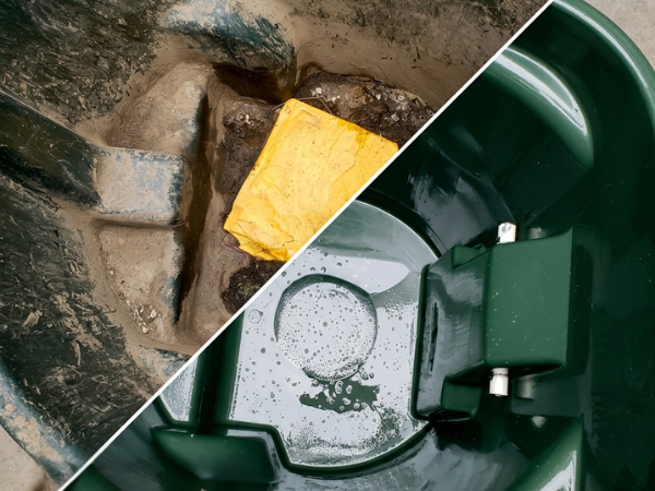 A split image shows a dirty water trough on the left and the same trough clean and filled with water on the right.