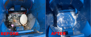 Dirty blue trash bin interior before cleaning showing grime and residue buildu