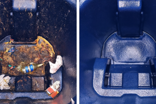 Before and after trash bin cleaning showing dirty interior with waste buildup compared to clean sanitized bin