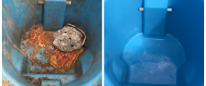 Side-by-side trash can cleaning results with debris and grime removed from blue bin interior