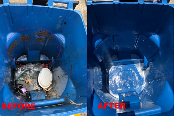 Before and after trash bin cleaning showing dirty blue bin compared to fully cleaned and sanitized interior