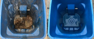 A side-by-side comparison of two blue bins, one filled with dirt and grime, and one sparkling clean.