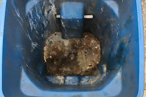 A close-up view inside a dirty blue plastic bin, showing dark soil and small debris scattered on the bottom.